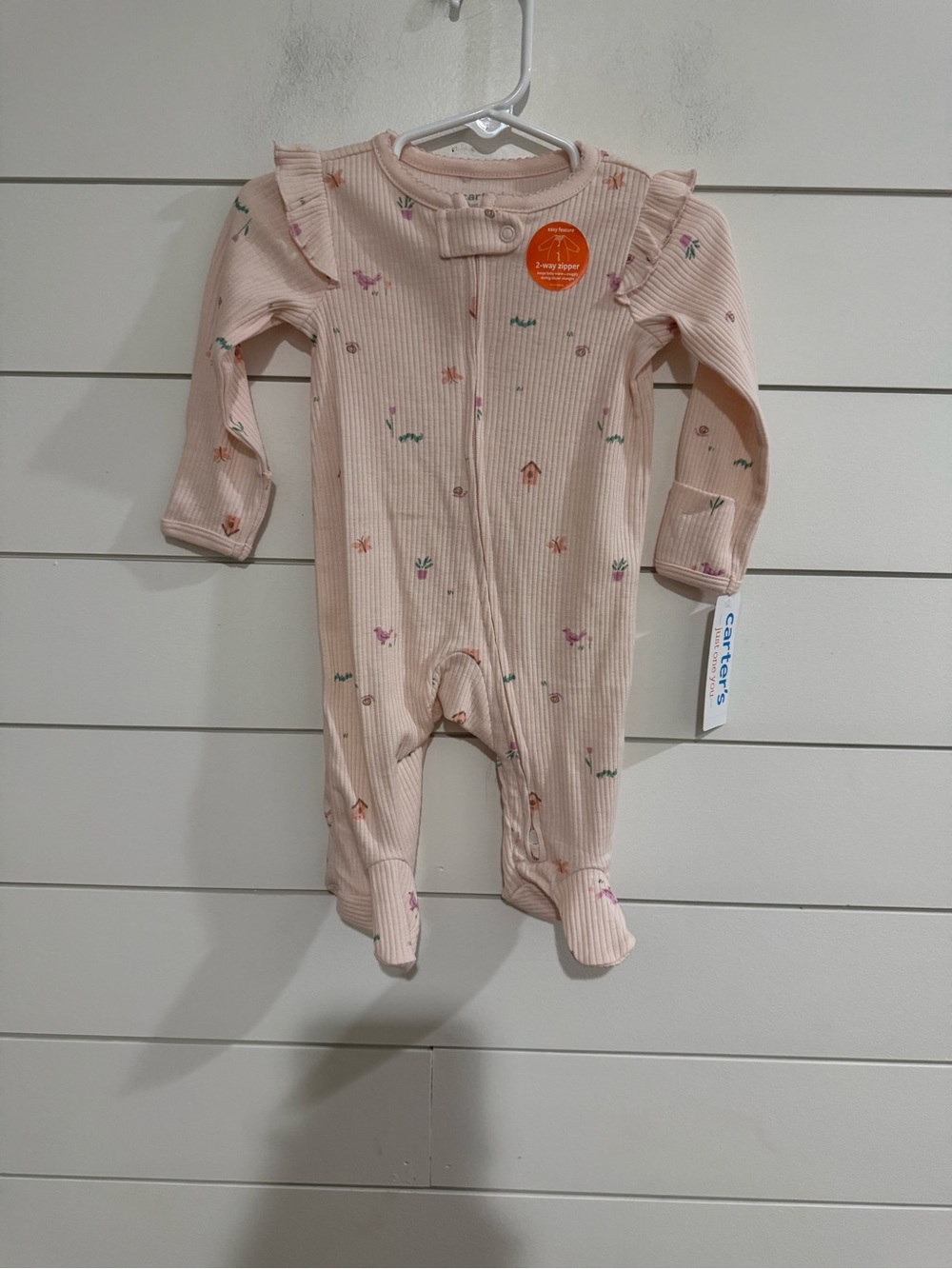 Carter's Blush Pink Ribbed Floral Footed One-Piece